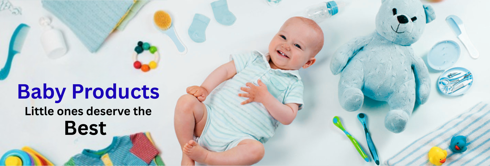 Smiling child midst baby products.