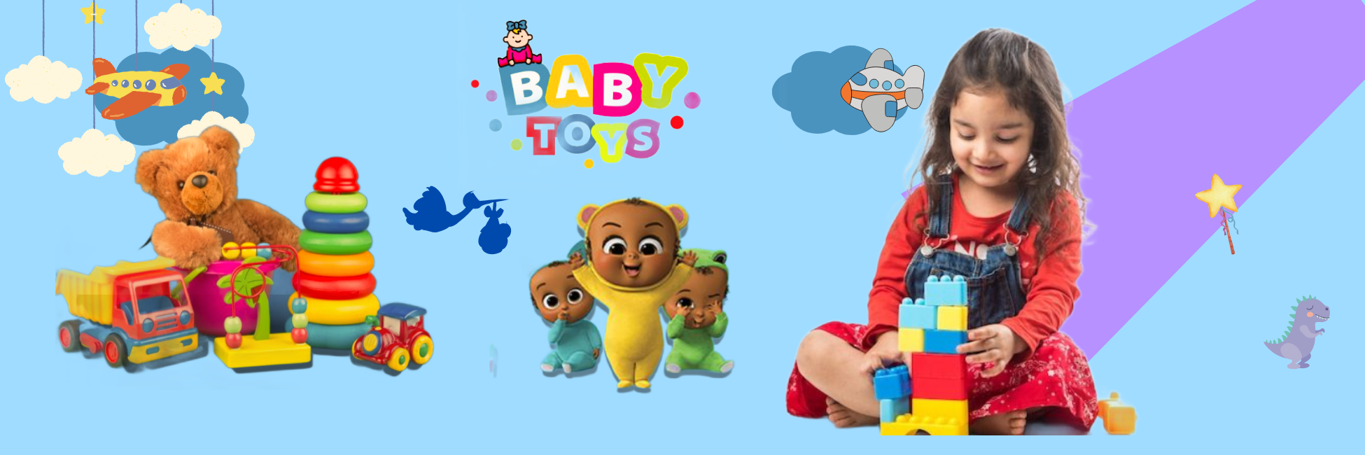 A child playing with blocks, various fluffies and other toys scattered around a baby blue background