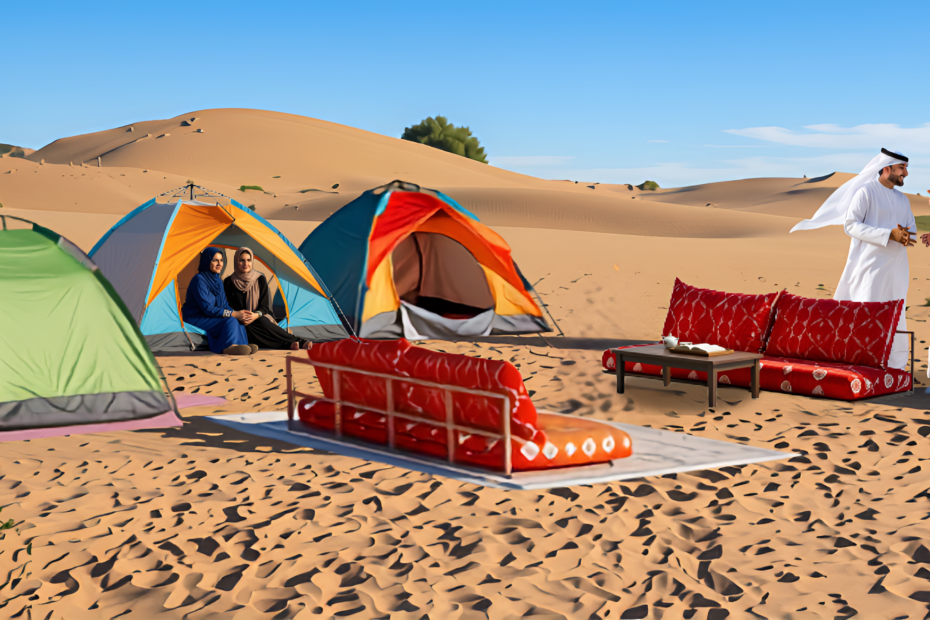 5 tents in the desert with some greenery nearby.