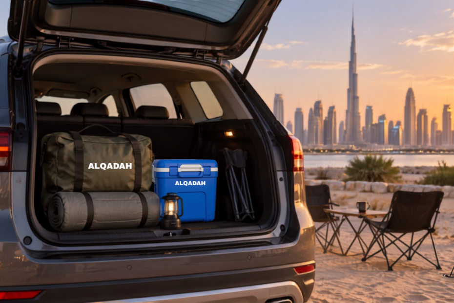 Car with booth open and Burj Khalifa in the distance