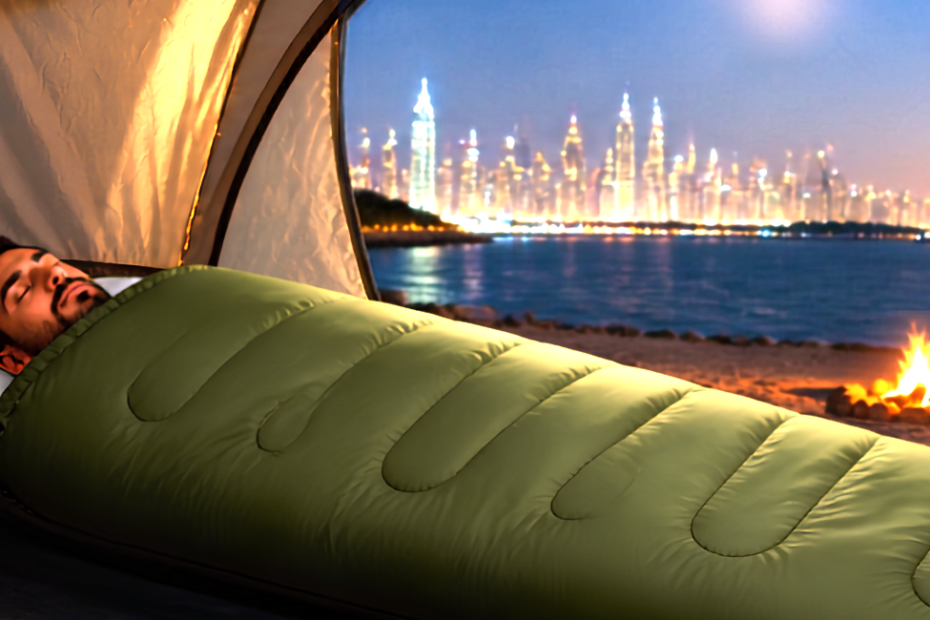 man in a sleeping bag with burj al arab in the background