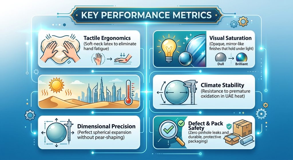   KEY PERFORMANCE METRICS
  ├── Tactile Ergonomics   (Soft-neck latex to eliminate hand fatigue)
  ├── Visual Saturation    (Opaque, mirror-like finishes that hold under light)
  ├── Climate Stability    (Resistance to premature oxidation in UAE heat)
  ├── Dimensional Precision(Perfect spherical expansion without pear-shaping)
  └── Defect & Pack Safety (Zero pinhole leaks and durable, protective packaging)