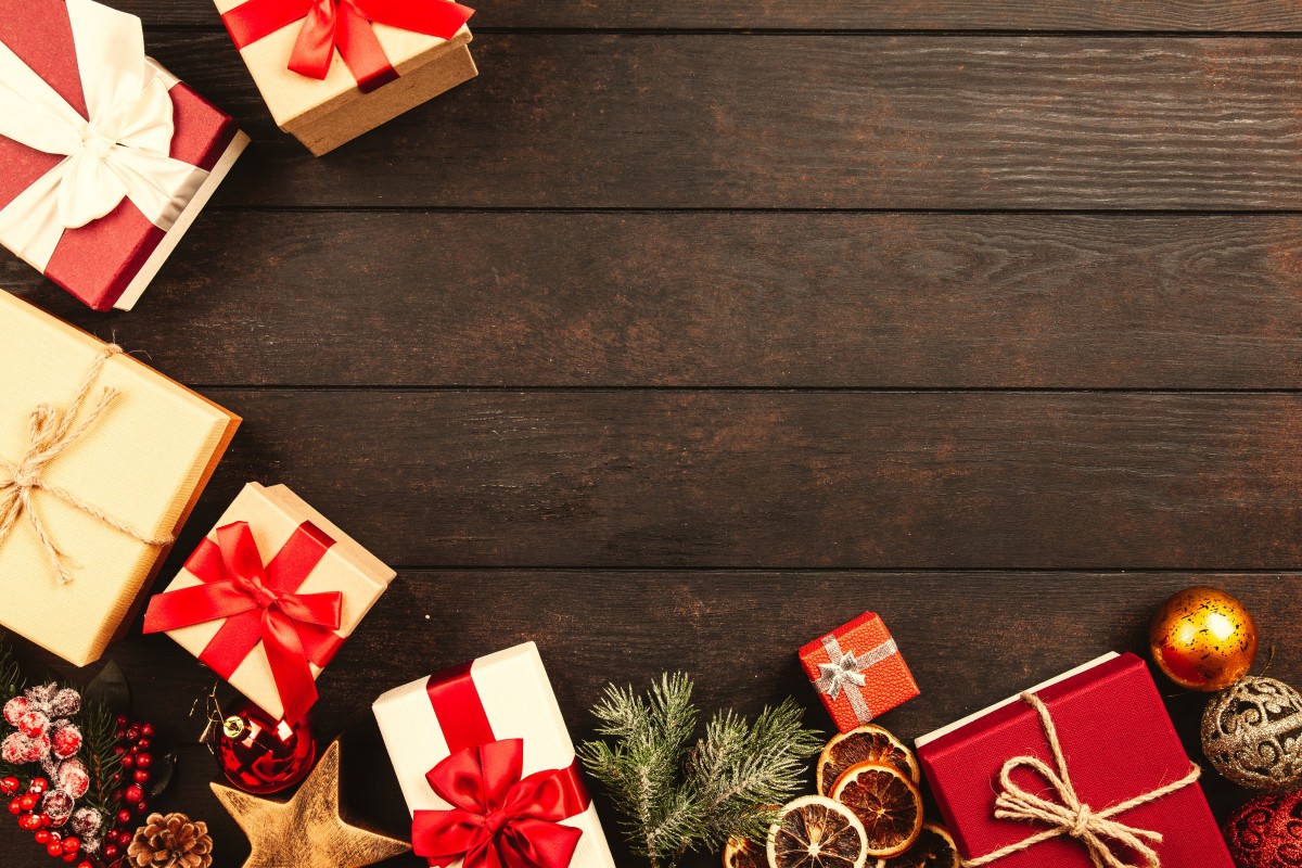 Wrapped Christmas gifts and festive packaging
