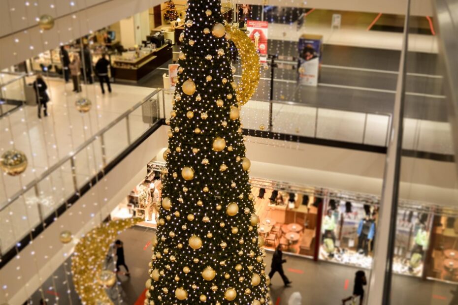 Christmas retail display with festive tree and decorations
