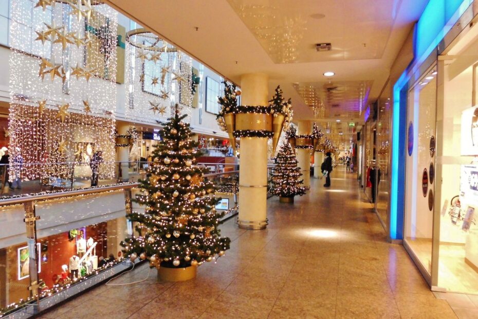 Retail store decorated for Christmas shopping season